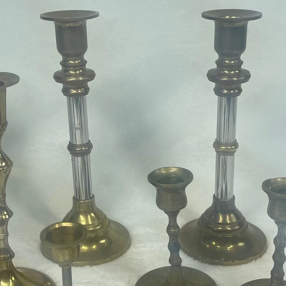 Vintage Brass Candle Holder Set of 8 Mixed Heights Etched Floral Chamberstick